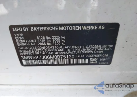 2021 BMW 3 Series 330E z USA, uszkodzony, nr VIN 3MW5P7J06M8B75130